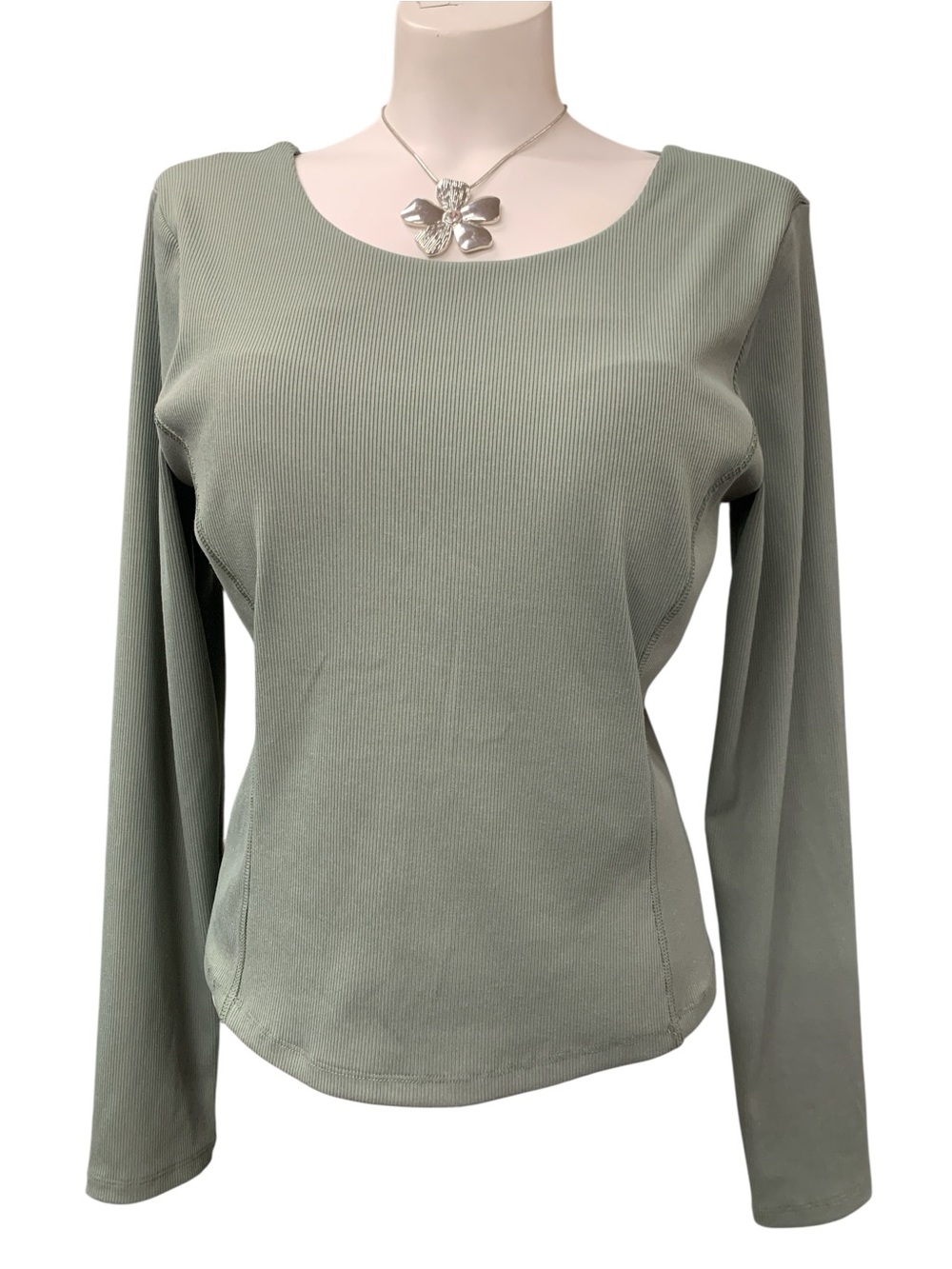 90 Degree By Reflex Sage Green Ribbed Long Sleeve Scoop Neck Top Size Xl
